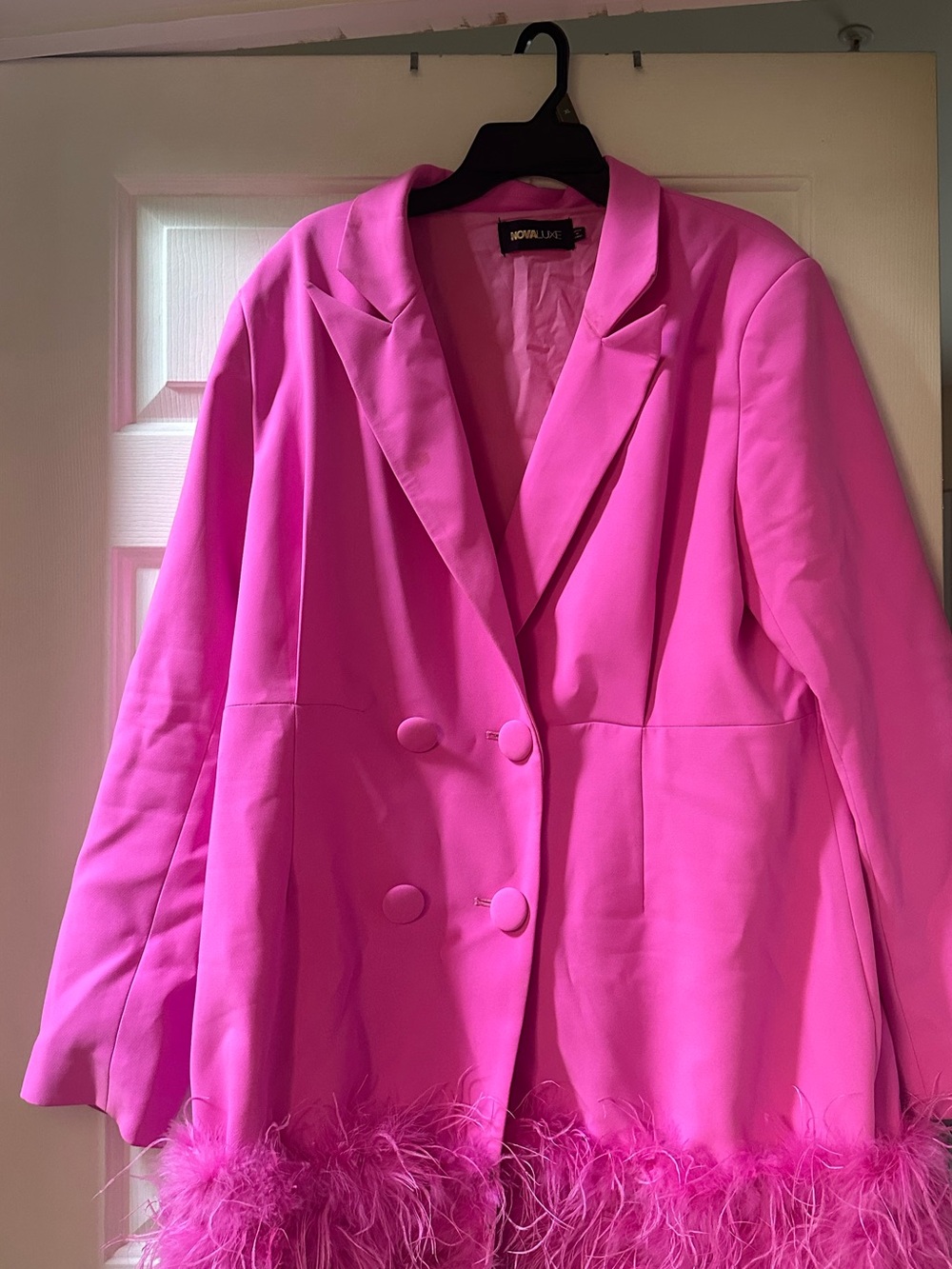 Fashion Nova Hot Pink Feather-Hem Double-Breasted Blazer